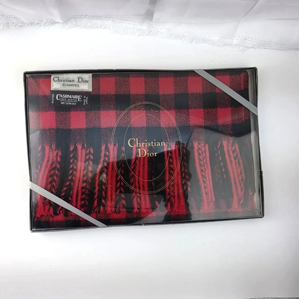 NIB NWT Christian Dior Red Black Plaid Scarf Cashmaire 100% Acrylic
